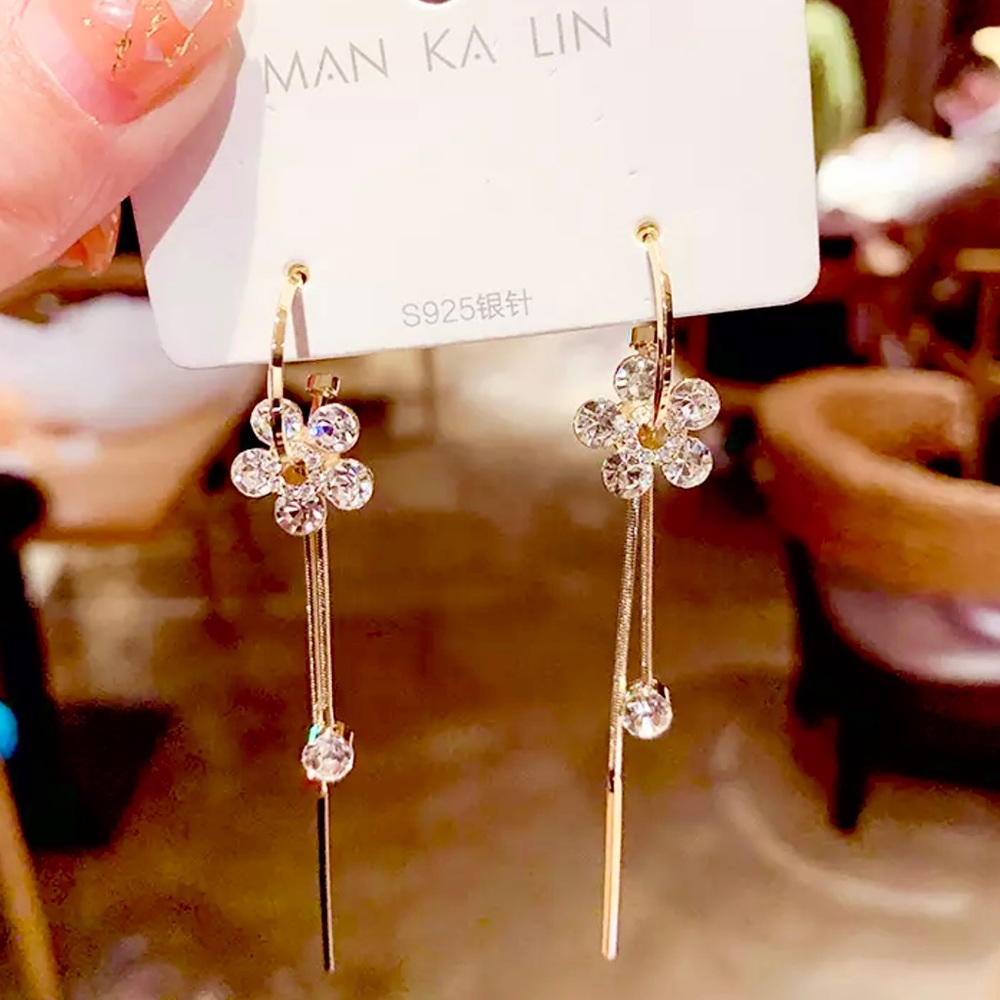 🆕 14k Genuine Crystal Flower Slider Hoop Drop Dangle Earrings NWT